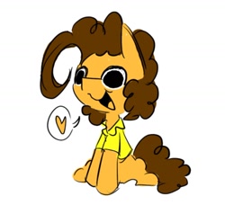 Size: 1036x985 | Tagged: safe, artist:appledash3r_, derpibooru import, cheese sandwich, earth pony, pony, g4, artists:appledash3r, brown mane, brown tail, clothes, colored, curly hair, curly mane, curly tail, cute, diacheeses, flat colors, gift art, heart, male, open mouth, open smile, orange coat, shirt, simple background, sitting, smiling, solo, speech bubble, stallion, t-shirt, tail, tongue, tongue out, white background, wide eyes