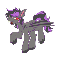 Size: 2200x2800 | Tagged: safe, artist:aero_moon, derpibooru import, oc, oc only, oc:starless night (desolator), bat pony, pony, undead, vampire, vampony, g4, blushing, fangs, female, gray coat, looking at you, mare, open mouth, purple hair, red eyes, simple background, smiling, smiling at you, solo, unshorn fetlocks