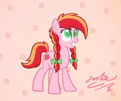 Size: 584x485 | Tagged: safe, artist:jacksterqueen, derpibooru import, oc, oc only, earth pony, pony, bow, braid, female, filly, foal, freckles, grin, looking up, mare, offspring, parent:big macintosh, parent:princess cadance, parents:cadmac, signature, smiling, solo