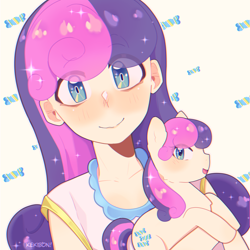 Size: 2248x2248 | Tagged: safe, artist:kekibon, derpibooru import, bon bon, sweetie drops, earth pony, human, pony, equestria girls, g4, abstract background, adorabon, blushing, clothes, cute, dress, eye clipping through hair, eyebrows, eyebrows visible through hair, female, human ponidox, mare, open mouth, self paradox, self ponidox, smiling, solo