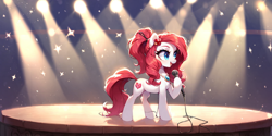Size: 2400x1200 | Tagged: safe, ai content, derpibooru import, machine learning generated, oc, oc only, earth pony, pony, microphone, prompter:greesys, scene, solo, spotlight, stage