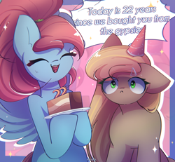 Size: 2600x2400 | Tagged: safe, artist:miryelis, derpibooru import, oc, oc only, oc:rainven wep, oc:shenn brale, earth pony, pegasus, pony, cake, cute, eye clipping through hair, female, food, happy birthday, long hair, mare, smiling, sparkles, text, wings