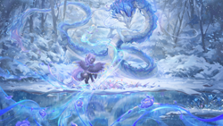 Size: 2880x1620 | Tagged: safe, artist:巧克力戰車, derpibooru import, oc, oc only, oc:moonlight flower, oc:starlight classic, dragon, pegasus, forest, nature, orchestra, snow, snowfall, tree, water, winter