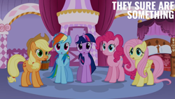 Size: 2000x1125 | Tagged: safe, derpibooru import, edit, edited screencap, editor:quoterific, screencap, applejack, fluttershy, pinkie pie, rainbow dash, twilight sparkle, unicorn twilight, earth pony, pegasus, pony, unicorn, g4, season 1, suited for success, bed, caption, carousel boutique, text