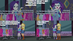Size: 2000x1125 | Tagged: safe, derpibooru import, edit, edited screencap, editor:quoterific, screencap, applejack, rarity, equestria girls, g4, street chic, clothes rack, duo, duo female, female, my little pony equestria girls: better together