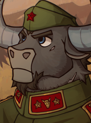 Size: 1040x1400 | Tagged: safe, artist:bunnyshrubby, derpibooru import, oc, oc only, oc:maximin kókkinos, minotaur, equestria at war mod, beard, bust, clothes, facial hair, hat, military uniform, portrait, red star, solo, uniform