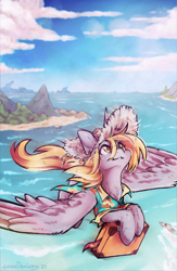 Size: 1430x2198 | Tagged: safe, artist:lonerdemiurge_nail, derpibooru import, derpy hooves, alicorn, pony, g4, alicornified, clothes, commission, derpicorn, female, flying, hat, hawaiian shirt, island, looking up, mare, ocean, race swap, shirt, solo, straw hat, suitcase, water