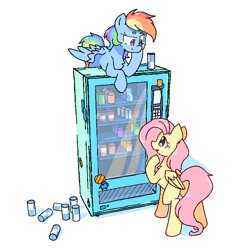 Size: 1600x1600 | Tagged: safe, artist:morningbullet, derpibooru import, fluttershy, rainbow dash, pegasus, pony, g4, bottle, can, drink, duo, duo female, female, simple background, soda, soda can, spread wings, thinking, vending machine, white background, wings