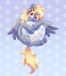 Size: 2421x2751 | Tagged: safe, artist:bishopony, derpibooru import, derpy hooves, pegasus, pony, g4, blush scribble, blushing, bubble, coat markings, cute, derpabetes, female, floating, gradient background, high res, hug, long eyelashes, looking at you, looking up, mare, partially open wings, patterned background, signature, smiling, smiling at you, solo, unshorn fetlocks, wings
