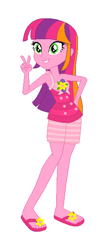 Size: 259x625 | Tagged: safe, artist:leahrow, artist:mak2020, artist:selenaede, derpibooru import, human, equestria girls, g4, bare shoulders, base used, beachberry (g4), clothes, cutie mark on clothes, equestria girls-ified, hand on hip, peace sign, sandals, shoes, simple background, sleeveless, smiling, solo, swimsuit, white background