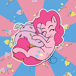 Size: 851x851 | Tagged: safe, artist:mranthony2, derpibooru import, pinkie pie, earth pony, pony, g4, balloon, cupcake, eyes closed, food, giant food, hug, plushie, smiling, solo, sticker, sunburst background, that pony sure does love cupcakes