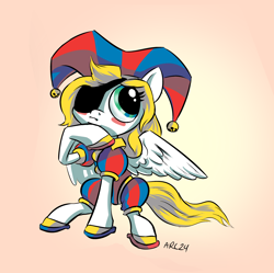 Size: 3136x3128 | Tagged: safe, artist:lytlethelemur, derpibooru import, oc, oc only, oc:swift wing, pegasus, pony, eyepatch, female, mare, pegasus oc, pomni, simple background, solo, the amazing digital circus, wings