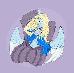 Size: 2290x2251 | Tagged: safe, artist:tomi_ouo, derpibooru import, oc, oc only, oc:azure opus, anthro, pegasus, big breasts, blind, blushing, breasts, bust, clothes, ear piercing, female, mare, piercing, smiling, solo, spread wings, stretching, sweater, sweater puppies, two toned mane, wings