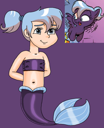 Size: 676x834 | Tagged: safe, artist:ocean lover, derpibooru import, idw, human, mermaid, friends forever, g4, spoiler:comic, arm behind back, bandeau, bare shoulders, bashful, belly, belly button, blue eyes, blue hair, child, cute, fins, fish tail, happy, human coloration, humanized, innocent, light skin, loop de loop, mermaid tail, mermaidized, mermay, midriff, ms paint, ponytail, purple background, purple tail, reference, shy, simple background, sleeveless, smiling, species swap, tail, tail fin