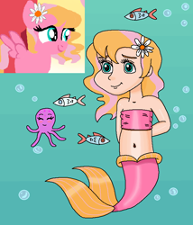 Size: 706x825 | Tagged: safe, artist:mlplary6, artist:ocean lover, derpibooru import, idw, oc, oc:melody blossom, fish, human, mermaid, octopus, friends forever, g4, spoiler:comic, arm behind back, bandeau, bare shoulders, bashful, belly, belly button, blonde, blonde hair, blue eyes, bubble, child, cute, fins, fish tail, flower, flower in hair, happy, human coloration, humanized, innocent, light skin, mermaid tail, mermaidized, mermay, midriff, ms paint, offspring, parent:big macintosh, parent:fluttershy, parents:fluttermac, pink tail, reference, shy, simple background, sleeveless, smiling, species swap, tail, tail fin, teal eyes, two toned hair, underwater, water