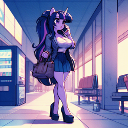 Size: 1024x1024 | Tagged: safe, ai content, derpibooru import, machine learning generated, twilight sparkle, anthro, unicorn, g4, adorasexy, bag, big breasts, breasts, cellphone, cleavage, clothes, cute, female, handbag, headlight sparkle, high heels, horn, jacket, open mouth, phone, ponytail, prompter:horselover fat, purse, sexy, shirt, shoes, skirt, solo, talking on phone, tiled floor, vending machine, walking