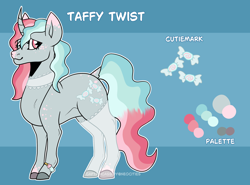 Size: 2320x1714 | Tagged: safe, artist:captaincassidy, derpibooru import, oc, oc only, oc:taffy twist, unicorn, g4, big ears, blue background, blue mane, bracelet, cutie mark, ears, freckles, gray coat, heterochromia, hooves, horn, jewelry, lace, lace collar, lace stockings, light gray coat, pink mane, reference sheet, simple background, tail, two toned mane, white lace