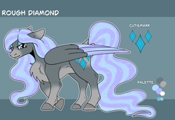 Size: 2903x2000 | Tagged: safe, artist:captaincassidy, derpibooru import, oc, oc only, oc:rough diamond, pegasus, female, gray coat, hooves, large wings, mare, pegasus oc, purple mane, reference sheet, solo, sparkly mane, tan coat, wings