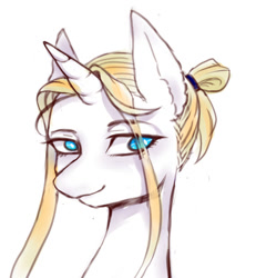 Size: 440x476 | Tagged: safe, artist:moshuijiumu, derpibooru import, oc, oc only, pony, unicorn, blonde, blonde hair, blue eyes, bust, horn, simple background, smiling, solo, unicorn oc, white background, white coat