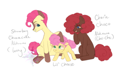 Size: 1024x558 | Tagged: safe, artist:boringartist, derpibooru import, li'l cheese, oc, oc:cherie choc, oc:strawberry cheesecake, earth pony, pony, g4, coat markings, colt, eyeshadow, female, filly, foal, grin, high res, hoof on head, lidded eyes, makeup, male, name, offspring, parent:cheese sandwich, parent:pinkie pie, parents:cheesepie, siblings, simple background, smiling, socks (coat marking), trio, white background