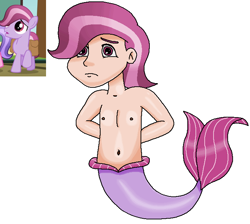 Size: 706x633 | Tagged: safe, artist:ocean lover, derpibooru import, crystal pony, human, bashful, belly, belly button, chest, child, fins, fish tail, frown, gradient hair, hair over one eye, hands behind back, human coloration, humanized, lavender bunch, light skin, male, male nipples, merboy, merman, mermay, ms paint, nipples, purple eyes, reference, shy, simple background, species swap, tail, tail fin, two toned hair, white background