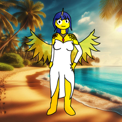Size: 1280x1280 | Tagged: safe, ai content, derpibooru import, machine learning assisted, oc, oc only, oc:ank atsubaishi, alicorn, human, arabian, beach, humanized, ibispaint x, looking at you, ocean, palm tree, solo, tree, water