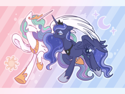 Size: 3464x2598 | Tagged: safe, artist:cao9591791, derpibooru import, princess celestia, princess luna, alicorn, pony, cropped, duo, duo female, eyes closed, female, gradient background, looking at each other, looking at someone, mare, outline, patterned background, royal sisters, siblings, sisters, smiling, smiling at each other