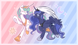 Size: 3800x2182 | Tagged: safe, artist:cao9591791, derpibooru import, princess celestia, princess luna, alicorn, pony, duo, duo female, eyes closed, female, gradient background, looking at each other, looking at someone, mare, outline, patterned background, royal sisters, siblings, sisters, smiling, smiling at each other