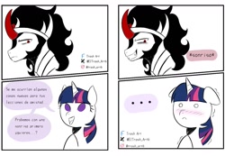 Size: 1413x979 | Tagged: safe, artist:trash-art06, derpibooru import, king sombra, twilight sparkle, pony, g4, blushing, comic, embarrassed, female, male, no pupils, open mouth, ship:twibra, shipping, simple background, smiling, spanish, straight, translated in the description, white background
