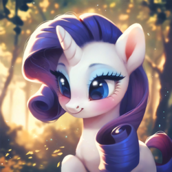 Size: 4096x4096 | Tagged: safe, ai content, derpibooru import, generator:purplesmart.ai, generator:stable diffusion, machine learning assisted, machine learning generated, rarity, pony, unicorn, g4, autumn, beautiful, blue eyes, blushing, cute, detailed, ear fluff, ears, eyeshadow, female, fluffy, forest, horn, leaf, makeup, mare, nature, prompter:saltyvity, purple mane, smiling, solo, sparkles, tree