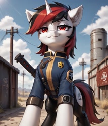 Size: 1097x1280 | Tagged: safe, ai content, derpibooru import, generator:pony diffusion v6 xl, generator:stable diffusion, machine learning generated, oc, oc:blackjack, pony, unicorn, fallout equestria, fallout equestria: project horizons, blackjack, fanfic art, horn, looking at you, outdoors, prompter:midnight dashie, smiling, solo, wasteland