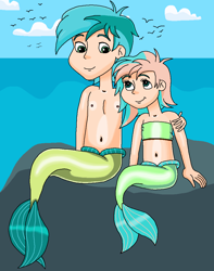 Size: 839x1063 | Tagged: safe, artist:ocean lover, derpibooru import, coral currents, sandbar, human, mermaid, g4, arm on shoulder, bandeau, bare midriff, bare shoulders, belly, belly button, boulder, brother and sister, chest, child, cloud, cute, female, fins, fish tail, friendship student, green eyes, green hair, human coloration, humanized, light skin, looking at each other, looking at someone, male, male and female, merboy, mermaid tail, mermaidized, merman, mermanized, mermay, midriff, ms paint, ocean, outdoors, sibling bonding, sibling love, siblings, sitting, sky, sleeveless, smiling, smiling at each other, species swap, tail, tail fin, teenager, two toned hair, water, wave