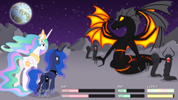 Size: 2819x1587 | Tagged: safe, artist:culu-bluebeaver, derpibooru import, princess celestia, princess luna, oc, oc:plague, alicorn, centipede, demon, pony, snake, comic:the six-winged serpent, g4, canon x oc, claws, digital, digital art, fake screenshot, fangs, fight, health bars, millipede, moon, on the moon, planet, serpent, space, vector, wings