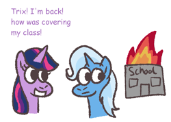 Size: 1411x1005 | Tagged: safe, artist:zoeyhorse, derpibooru import, trixie, twilight sparkle, twilight sparkle (alicorn), alicorn, pony, unicorn, g4, burning, bust, dialogue, duo, duo female, female, horn, inconvenient trixie, mare, open mouth, open smile, school, simple background, smiling, this ended in fire, white background