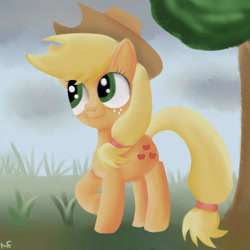 Size: 2500x2500 | Tagged: safe, artist:13light, derpibooru import, applejack, earth pony, pony, g4, applejack's hat, clothes, cowboy hat, female, fog, hat, mare, smiling, solo, standing, tree