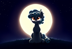 Size: 1216x832 | Tagged: safe, ai content, derpibooru import, generator:novelai, generator:stable diffusion, machine learning generated, cozy glow, pegasus, pony, g4, backlighting, female, front view, full body, full moon, glowing, glowing eyes, grass, moon, night, night sky, outdoors, prompter needed, silhouette, sitting, sky, solo