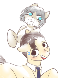 Size: 1500x2000 | Tagged: safe, artist:moshuijiumu, derpibooru import, earth pony, pony, blue eyes, brown hair, detroit: become human, duo, duo male, grey hair, male, necktie, open mouth, open smile, ponified, raised hoof, raised leg, simple background, smiling, species swap, teeth, white background