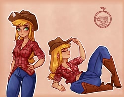 Size: 2290x1799 | Tagged: safe, artist:tmaldigo, derpibooru import, applejack, human, g4, abs, belly button, boots, clothes, cowboy boots, denim, eyes closed, female, hand on hip, humanized, jeans, midriff, outline, pants, shoes, smiling, solo, white outline