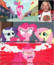 Size: 532x637 | Tagged: safe, derpibooru import, fluttershy, pinkie pie, rarity, earth pony, human, pegasus, unicorn, g4, inspiration manifestation, season 2, season 4, the last roundup, angry, context in description, female, horn, irl, jim'll fix it, jimmy savile, mare, photo, pinkie promise