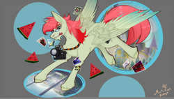 Size: 4500x2560 | Tagged: safe, artist:martazap3, derpibooru import, oc, oc only, oc:little watermelon, pegasus, pony, camera, looking at you, male, photos, portal, running, smiling, smiling at you, solo, wings