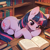 Size: 1024x1024 | Tagged: safe, ai content, derpibooru import, generator:pony diffusion v6 xl, generator:stable diffusion, machine learning generated, twilight sparkle, unicorn twilight, pony, unicorn, g4, book, bookshelf, cute, female, library, looking at something, lying down, lying on the floor, mare, on floor, prompter:doom9454, prone, reading, smiling, solo, twiabetes