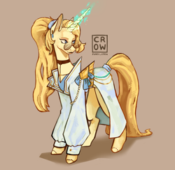 Size: 2784x2713 | Tagged: safe, artist:fungi_crow, derpibooru import, oc, oc:smoky citrine, unicorn, clothes, commissioner:dhs, disproportional anatomy, ear piercing, earring, fancy, glasses, gold, hair tie, horn, jacket, jewelry, long hair, long mane, magic, magic aura, piercing, ponytail, slender, tail tie, thin