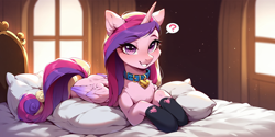 Size: 2400x1200 | Tagged: safe, ai content, derpibooru import, machine learning generated, princess cadance, alicorn, pony, g4, bed, clothes, collar, female, indoors, looking at you, lying down, lying on bed, mare, on bed, pillow, prompter:greesys, prone, question mark, smiling, smiling at you, socks, solo, speech bubble, window