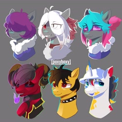 Size: 4096x4096 | Tagged: safe, artist:poxy_boxy, derpibooru import, oc, oc only, bat pony, pony, unicorn, bat pony oc, black sclera, bust, choker, clothes, coat, eye clipping through hair, eyebrows, eyebrows visible through hair, fire, fire breath, fur collar, gray background, grin, hair over eyes, hair over one eye, hard hat, hat, hoof on chest, horn, looking at you, open mouth, open smile, paint, simple background, slit eyes, smiling, smiling at you, spiked choker, two toned mane