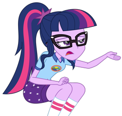 Size: 2116x2013 | Tagged: safe, artist:sketchmcreations, derpibooru import, sci-twi, twilight sparkle, human, equestria girls, g4, legend of everfree, camp everfree outfits, clothes, female, lidded eyes, open mouth, raised arm, shirt, shorts, simple background, sitting, socks, transparent background, vector