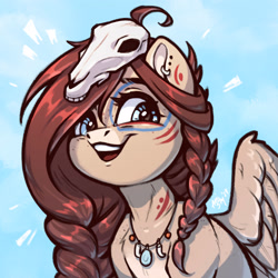 Size: 3000x3000 | Tagged: safe, artist:amishy, derpibooru import, oc, oc:ondrea, pegasus, pony, bust, emanata, face paint, female, jewelry, looking at you, mare, necklace, open mouth, open smile, skull, smiling, smiling at you, solo