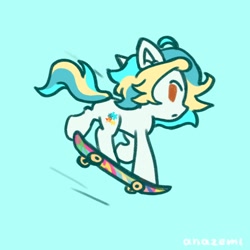 Size: 1000x1000 | Tagged: safe, artist:laymy, derpibooru import, oc, oc only, earth pony, pony, bipedal, butt, chibi, looking back, plot, raised hoof, raised leg, simple background, skateboard, solo, teal background