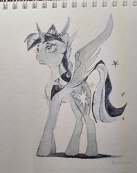Size: 1619x2048 | Tagged: safe, artist:laymy, derpibooru import, twilight sparkle, twilight sparkle (alicorn), alicorn, pony, g4, crown, female, grayscale, jewelry, looking up, mare, monochrome, regalia, solo, spread wings, traditional art, wings