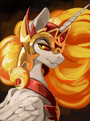 Size: 1612x2167 | Tagged: safe, artist:kelkessel, derpibooru import, daybreaker, alicorn, pony, equestria at war mod, g4, black background, bust, digital art, ethereal mane, eyeshadow, fangs, feather, folded wings, gem, helmet, horn, jewelry, looking at you, makeup, mane of fire, orange eyes, peytral, portrait, regalia, simple background, smiling, smiling at you, solo, teeth, wings