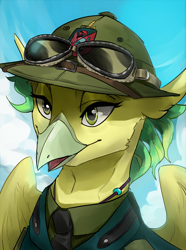 Size: 1560x2100 | Tagged: safe, artist:egil, derpibooru import, oc, oc only, oc:tempest galefringe, hippogriff, equestria at war mod, bust, clothes, hat, military uniform, necktie, portrait, solo, sunglasses, uniform